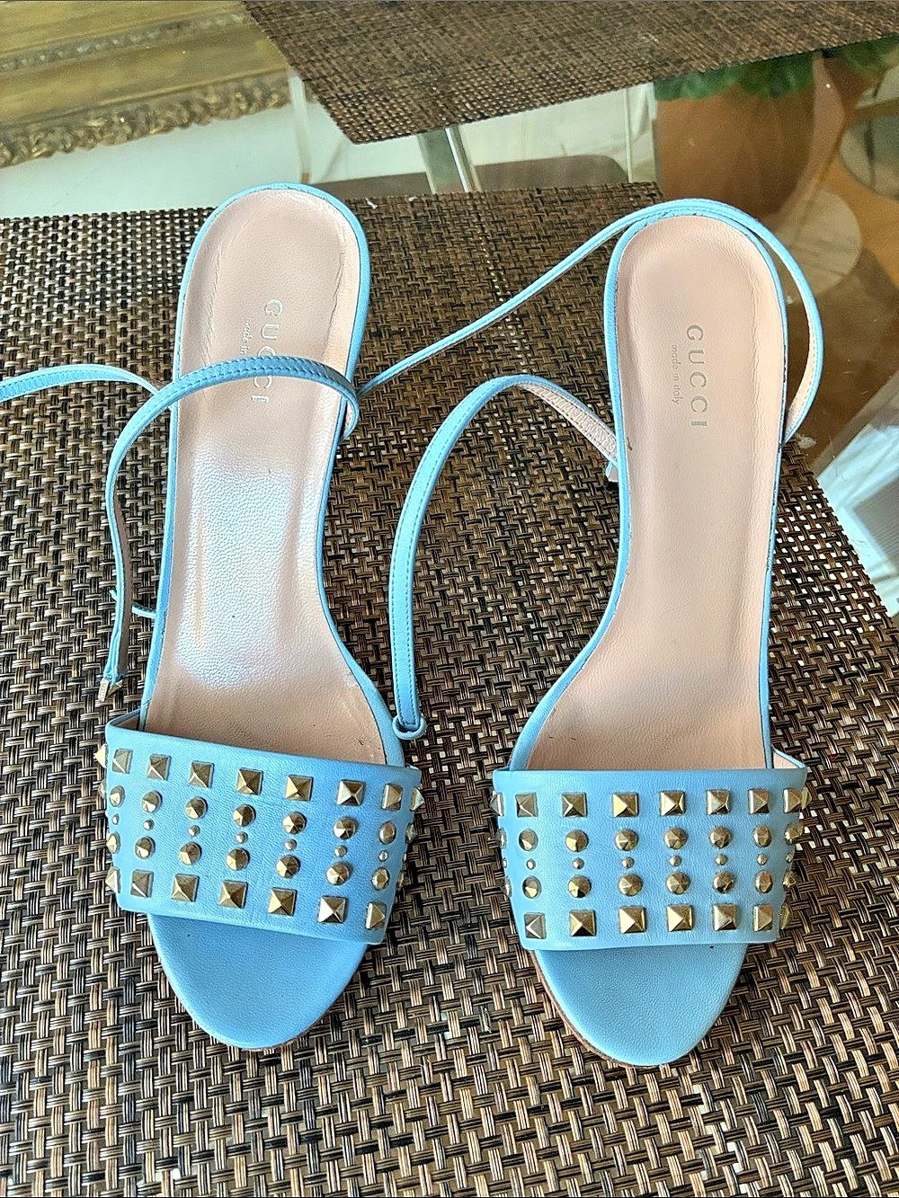 Gucci Studded Ankle Strap Heels in Blue leather EU 38.5